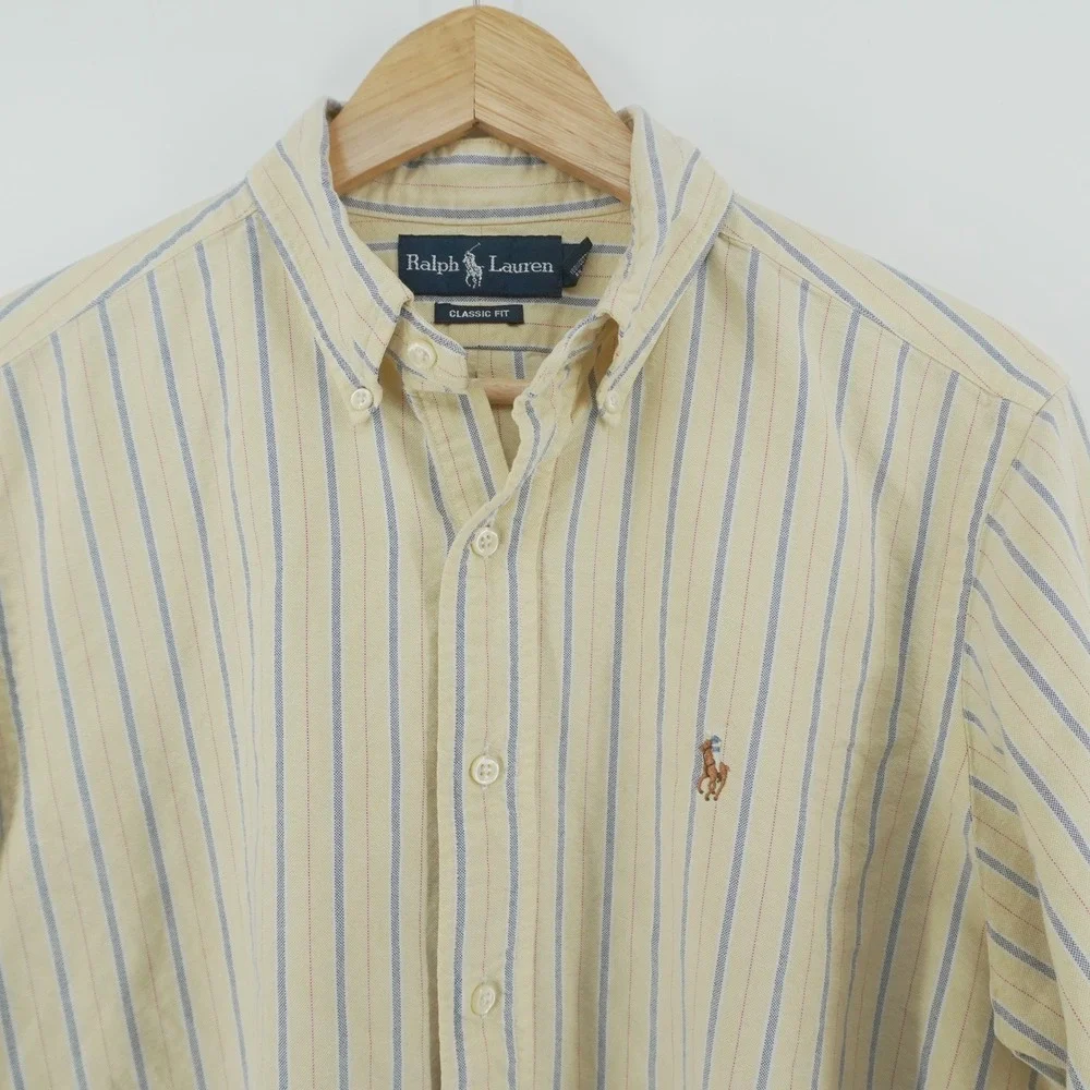 Ralph Lauren Button Down Mens 15.5 Yellow Striped Classic Fit Oxford Shirt